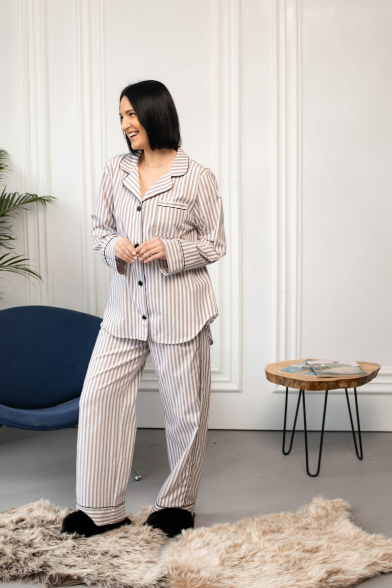 BOBRAND Women's Pajama Set in Brown – Cotton, Striped – Top and Pants - image 2
