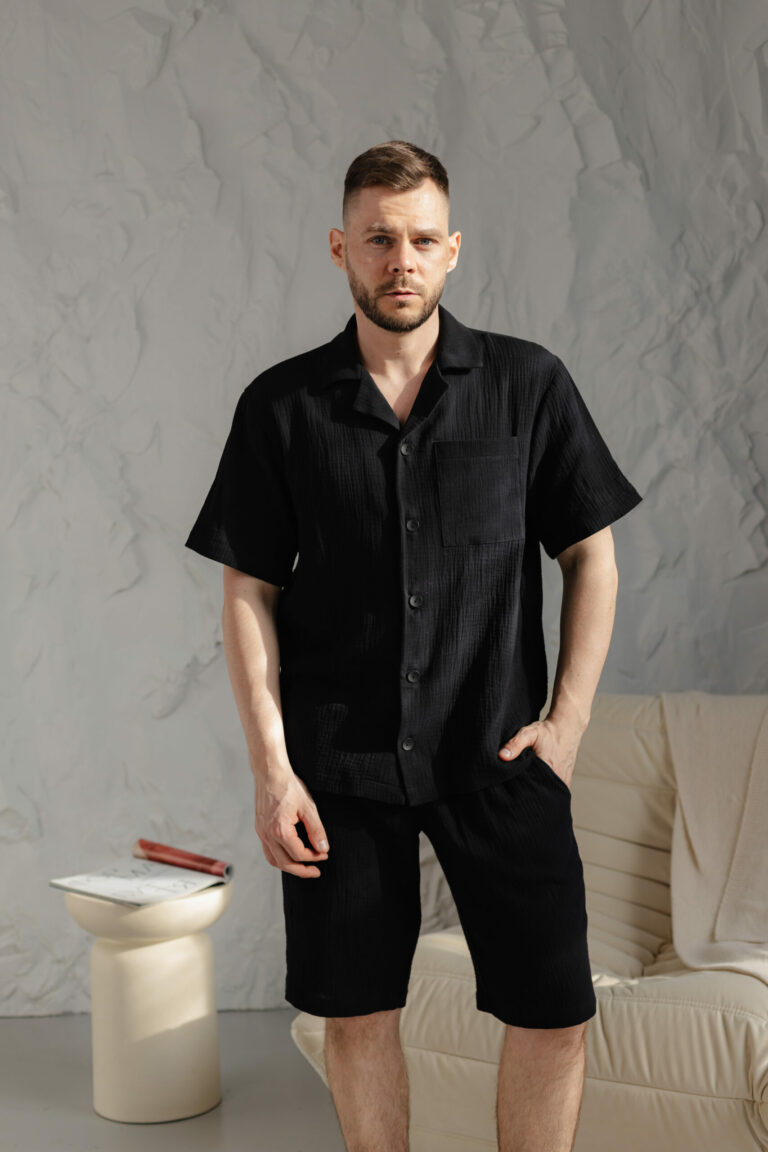 BOBRAND Men's Pajama Set in Black – Double-Layer Muslin – Top and Shorts - image 2