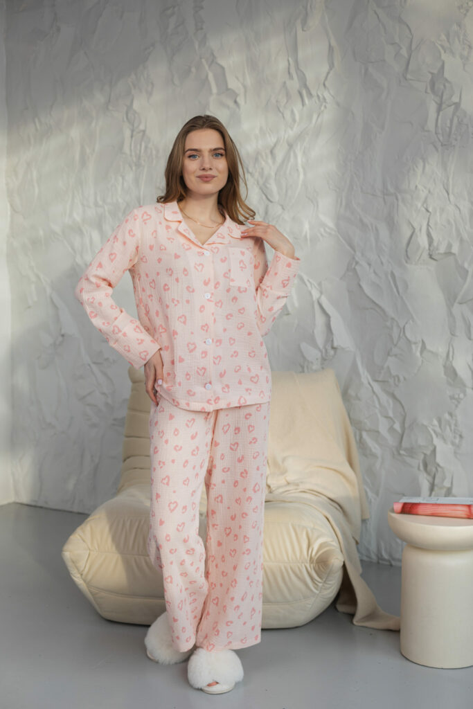 BOBRAND Women's Pajama Set in Peach – Double-Layer Muslin, Heart Print – Top and Pants - image 2