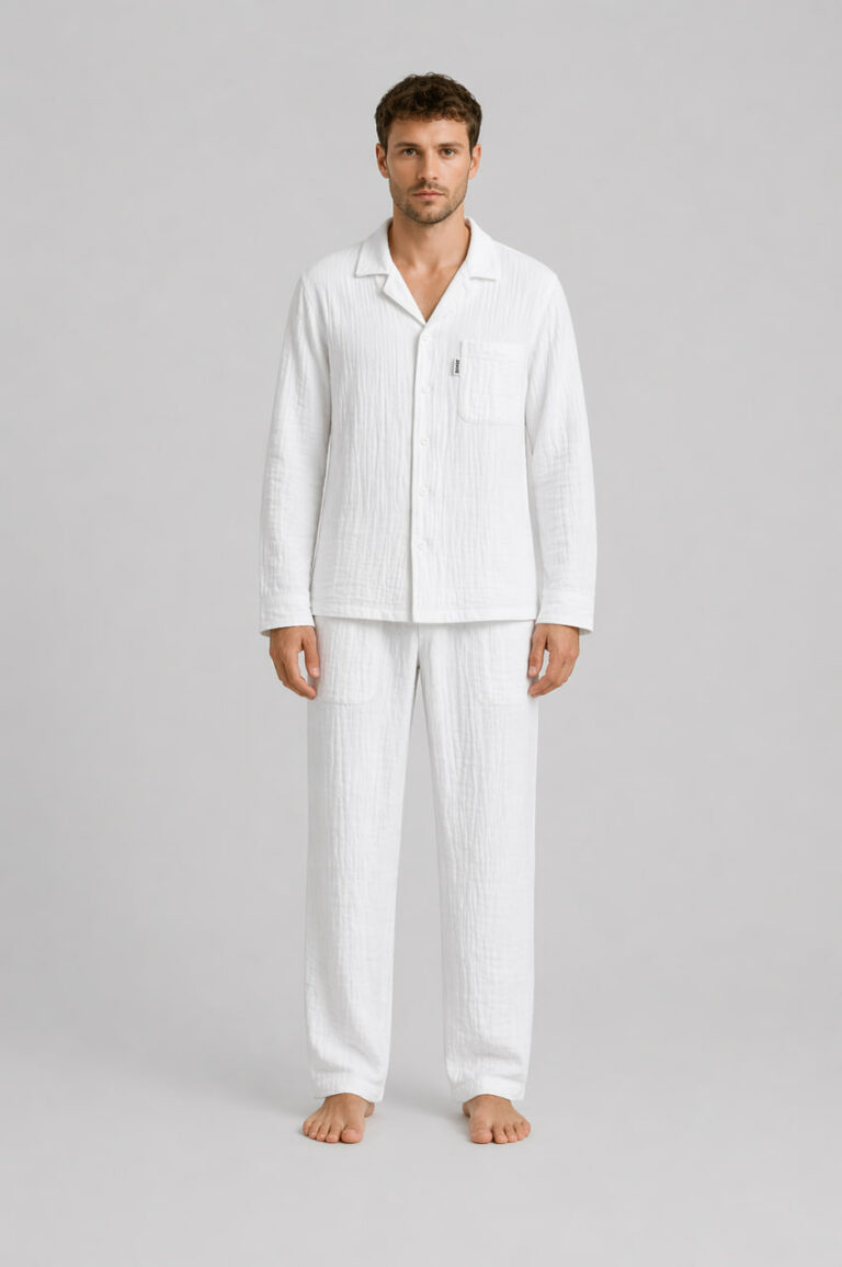 BOBRAND Men's Pajama Set in White – Double-Layer Muslin – Top and Pants - image 2