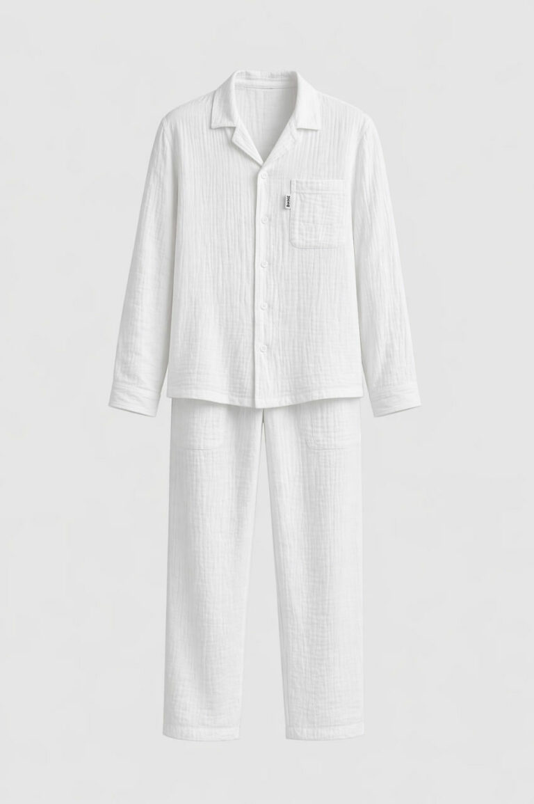 BOBRAND Men's Pajama Set in White – Double-Layer Muslin – Top and Pants