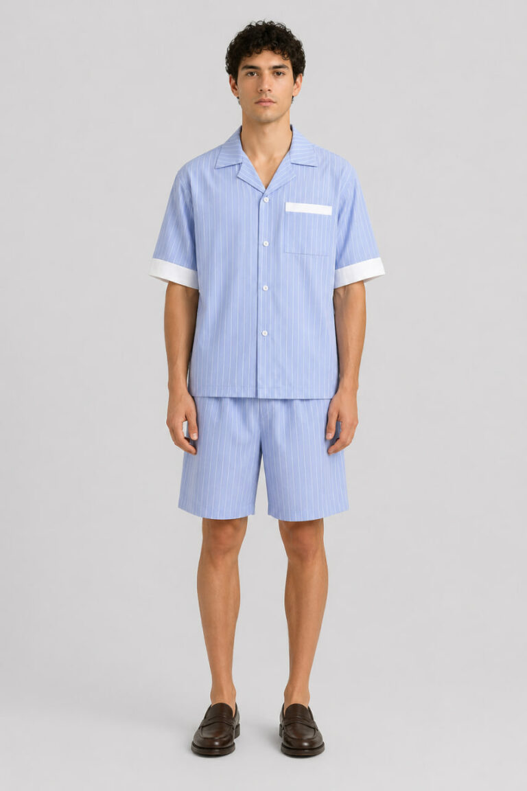 BOBRAND Men's Pajama Set in Light Blue – Cotton, Striped – Top and Shorts - image 2