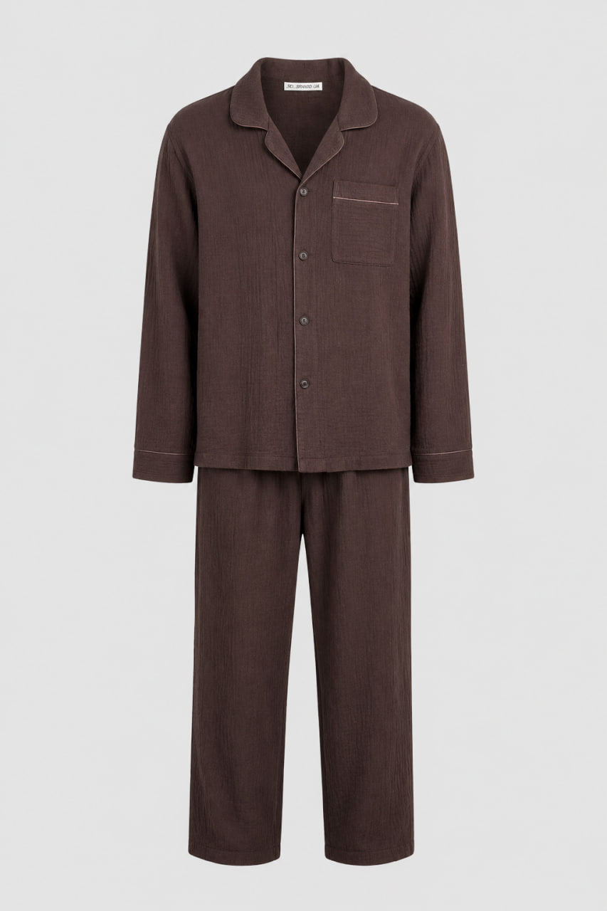 BOBRAND Men's Pajama Set in Brown – Double-Layer Muslin – Top and Pants BOBRAND Men's Pajama Set in Brown – Double-Layer Muslin – Top and Pants