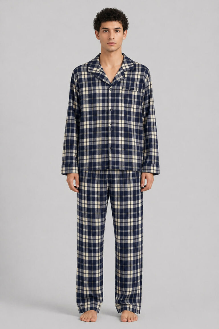 BOBRAND Men's Pajama Set in Blue and Beige – Brushed Cotton, Plaid “Blue and Beige” – Top and Pants - image 2