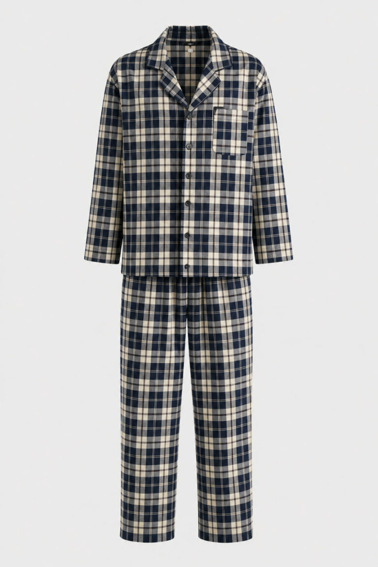 BOBRAND Men's Pajama Set in Blue and Beige – Brushed Cotton, Plaid “Blue and Beige” – Top and Pants