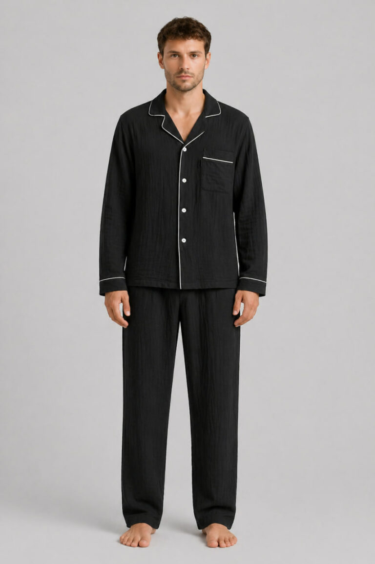 BOBRAND Men's Pajama Set in Black – Double-Layer Muslin – Top and Pants - image 2