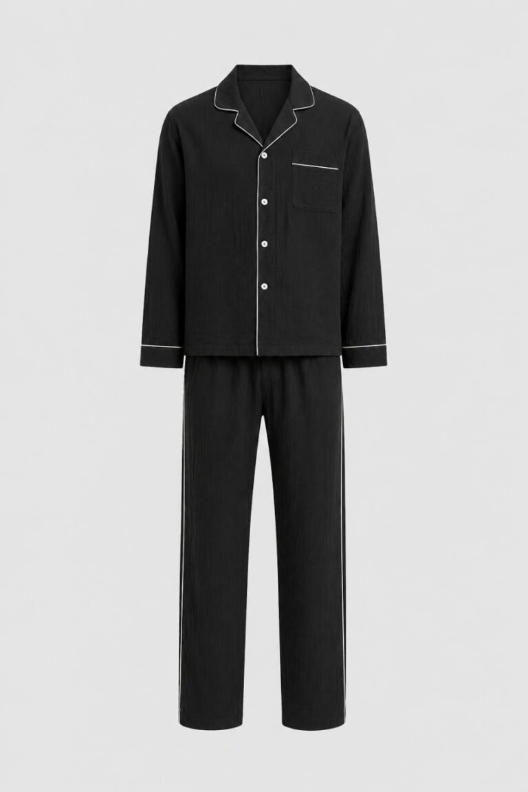 BOBRAND Men's Pajama Set in Black – Double-Layer Muslin – Top and Pants