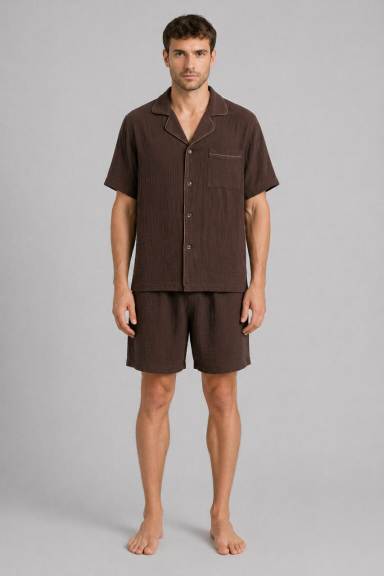 BOBRAND Men's Pajama Set in Brown – Double-Layer Muslin – Top and Shorts - image 2