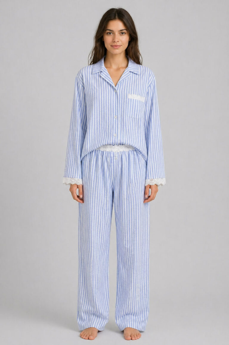 BOBRAND Women's Loungewear Set in Light Blue – Softened Linen, Striped – Top and Pants - image 2