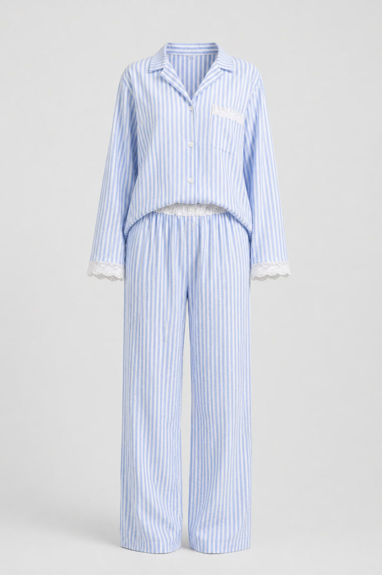 BOBRAND Women's Loungewear Set in Light Blue – Softened Linen, Striped – Top and Pants