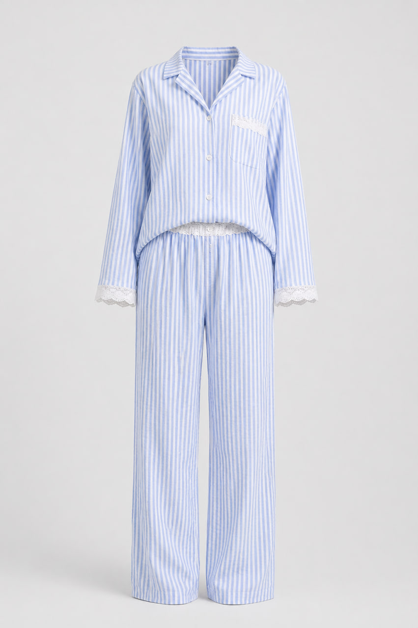 BOBRAND Women's Loungewear Set in Light Blue – Softened Linen, Striped – Top and Pants BOBRAND Women's Loungewear Set in Light Blue – Softened Linen, Striped – Top and Pants
