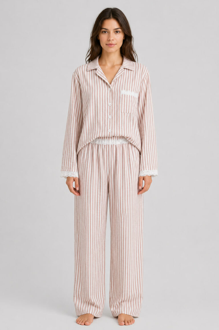 BOBRAND Women's Pajama Set in Beige – Softened Linen, Striped – Top and Pants - image 2