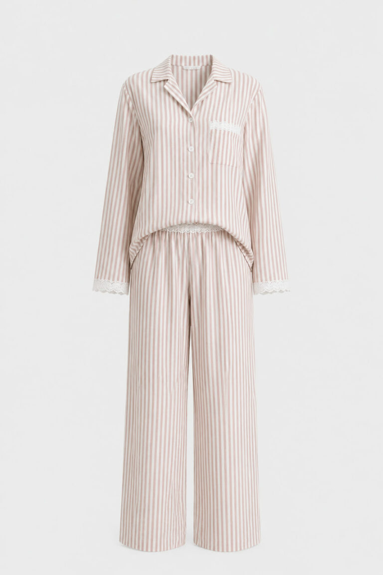 BOBRAND Women's Pajama Set in Beige – Softened Linen, Striped – Top and Pants