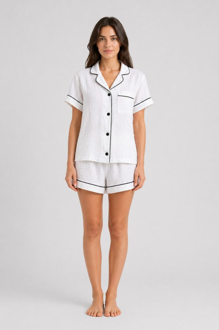 BOBRAND Women's Pajama Set in Ivory – Double-Layer Muslin “Milk Shake” – Top and Shorts - image 2