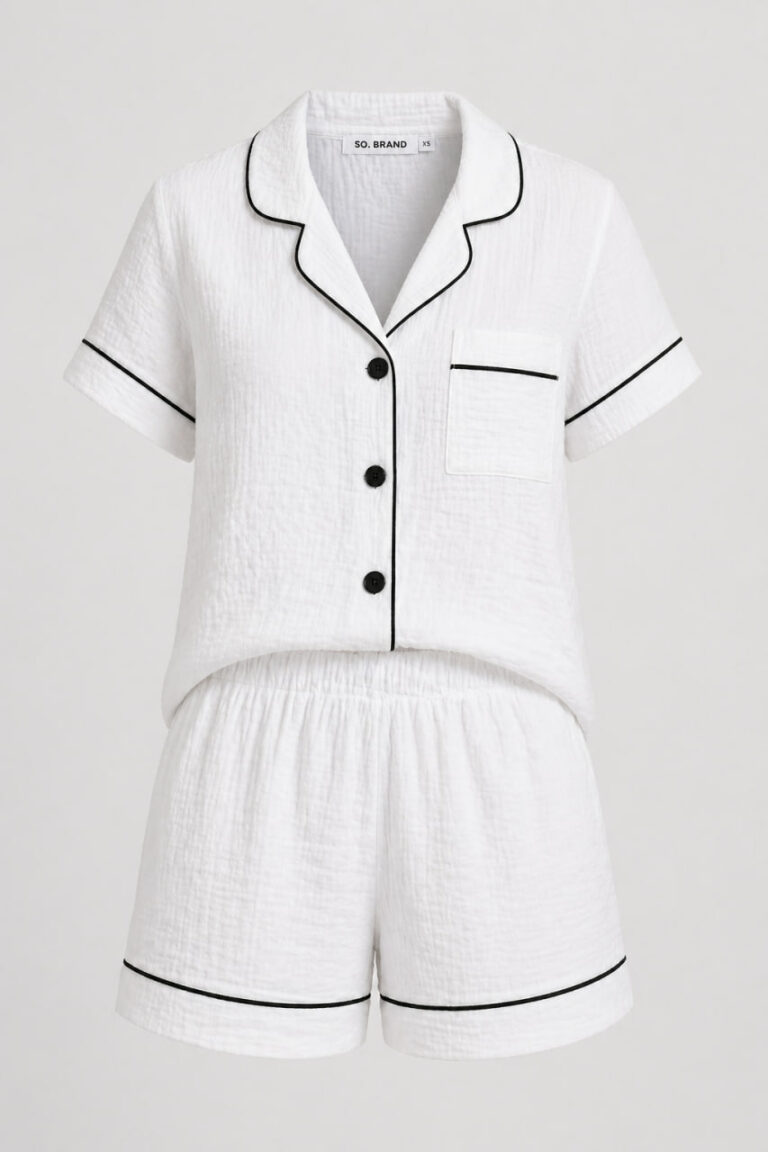 BOBRAND Women's Pajama Set in Ivory – Double-Layer Muslin “Milk Shake” – Top and Shorts