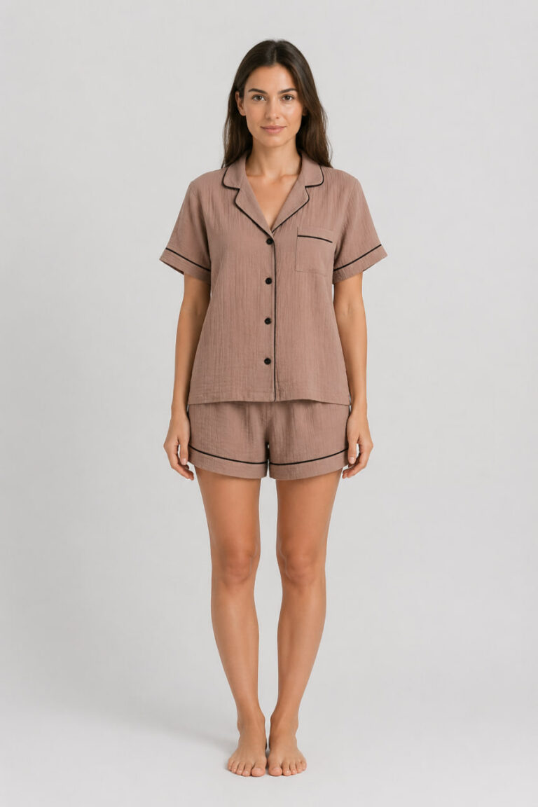 BOBRAND Women's Pajama Set in Beige – Double-Layer Muslin “Cappuccino with cinnamon” – Top and Shorts - image 2