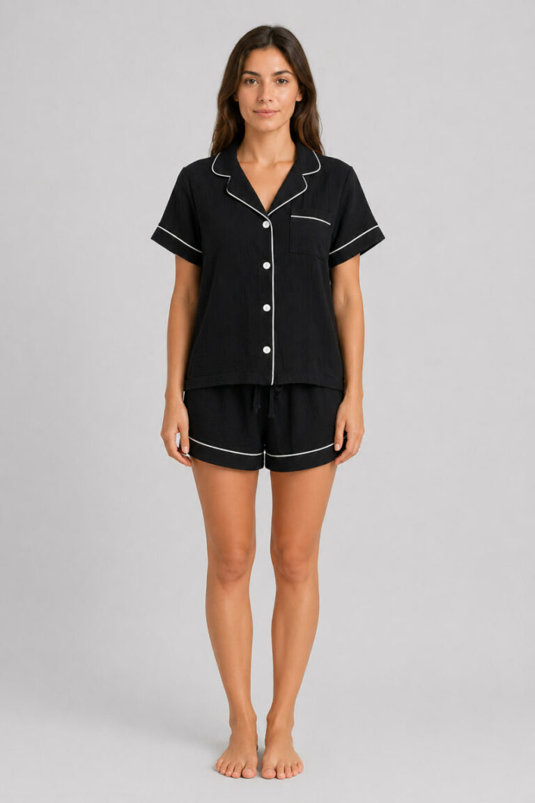 BOBRAND Women's Pajama Set in Black and White – Double-Layer Muslin “Black and White” – Top and Shorts - image 2
