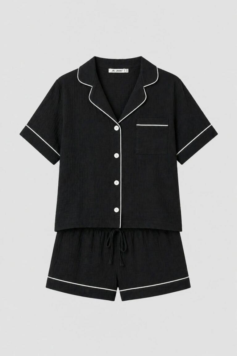BOBRAND Women's Pajama Set in Black and White – Double-Layer Muslin “Black and White” – Top and Shorts