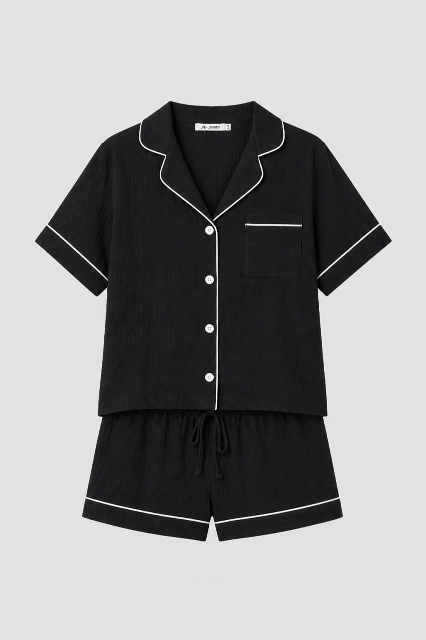 BOBRAND Women's Pajama Set in Black and White – Double-Layer Muslin “Black and White” – Top and Shorts BOBRAND Women's Pajama Set in Black and White – Double-Layer Muslin “Black and White” – Top and Shorts