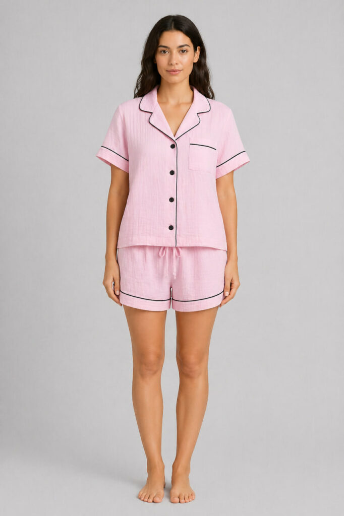 BOBRAND Women's Pajama Set in Pink – Double-Layer Muslin “Pink ice cream” – Top and Shorts - image 2