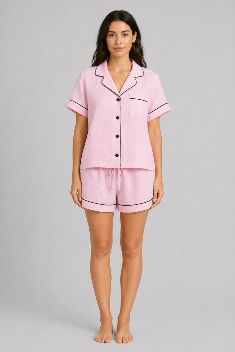 BOBRAND Women's Pajama Set in Pink – Double-Layer Muslin “Pink ice cream” – Top and Shorts - image 2