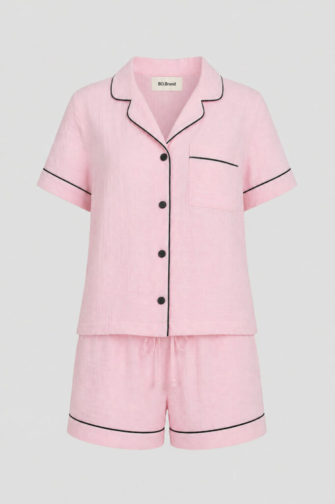 BOBRAND Women's Pajama Set in Pink – Double-Layer Muslin “Pink ice cream” – Top and Shorts