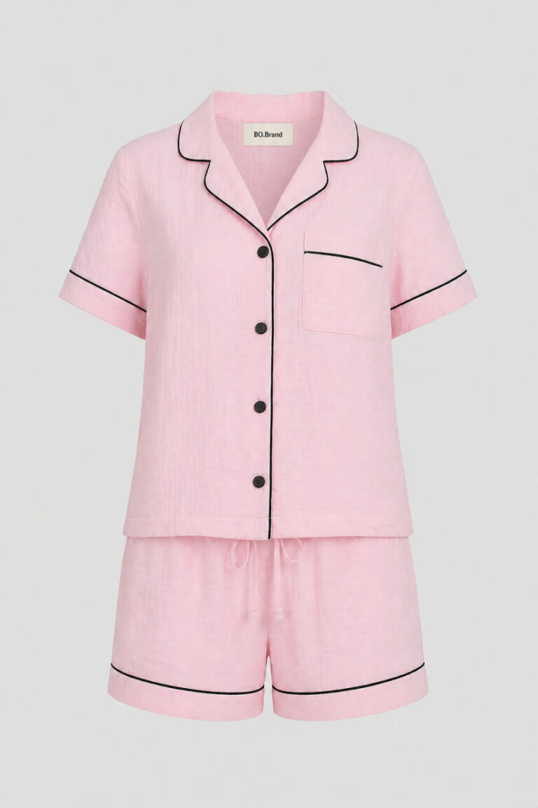 BOBRAND Women's Pajama Set in Pink – Double-Layer Muslin “Pink ice cream” – Top and Shorts