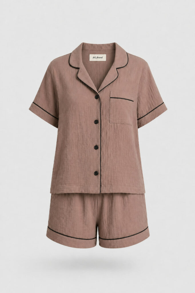 BOBRAND Women's Pajama Set in Beige – Double-Layer Muslin “Cappuccino with cinnamon” – Top and Shorts