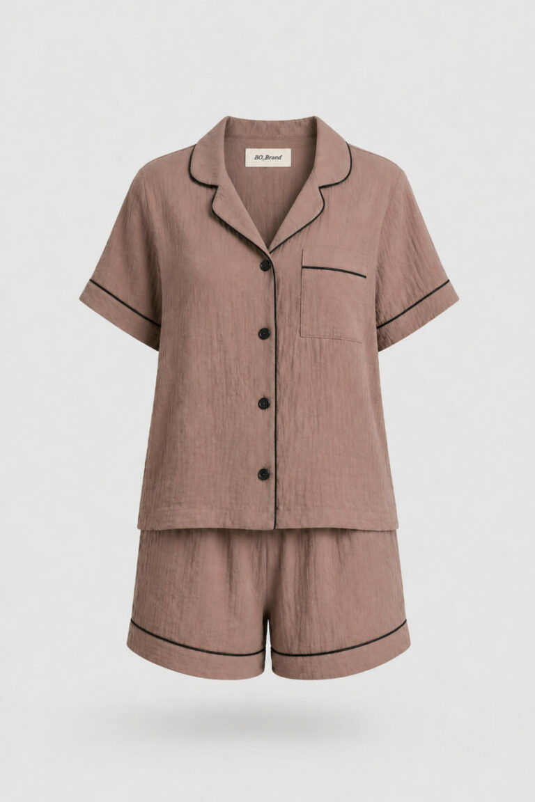 BOBRAND Women's Pajama Set in Beige – Double-Layer Muslin “Cappuccino with cinnamon” – Top and Shorts