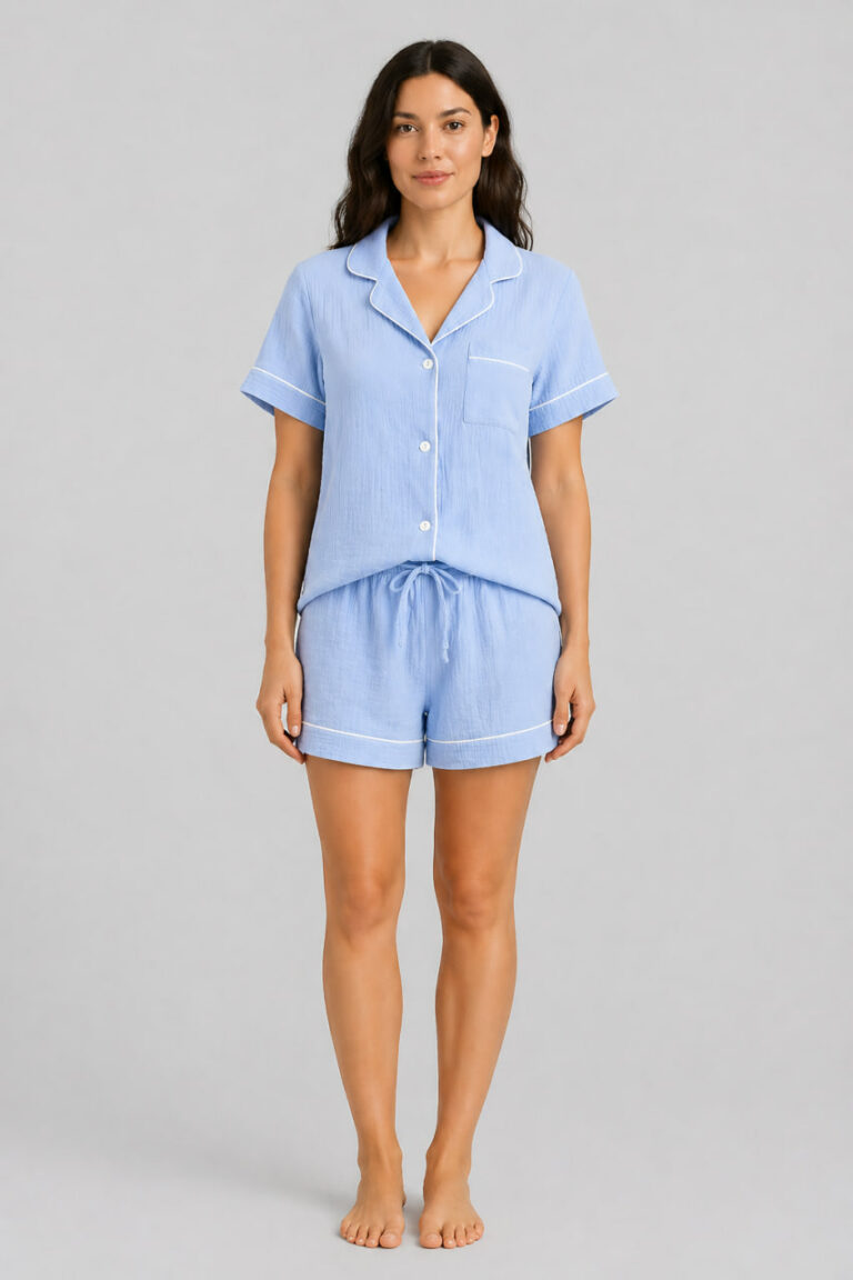 BOBRAND Women's Pajama Set in Light Blue – Double-Layer Muslin “Sea Lagoon” – Top and Shorts - image 2