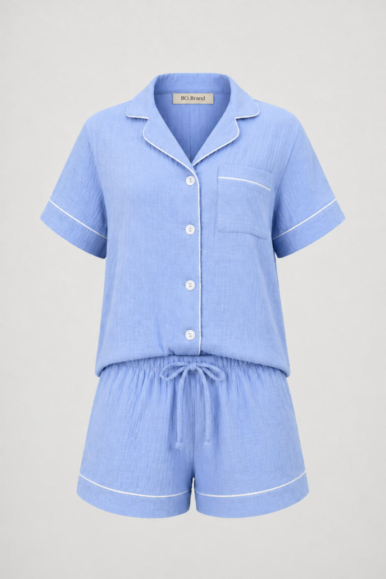BOBRAND Women's Pajama Set in Light Blue – Double-Layer Muslin “Sea Lagoon” – Top and Shorts