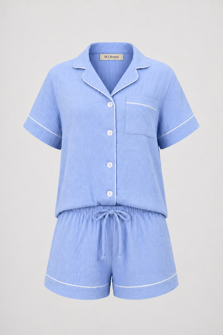 BOBRAND Women's Pajama Set in Light Blue – Double-Layer Muslin “Sea Lagoon” – Top and Shorts BOBRAND Women's Pajama Set in Light Blue – Double-Layer Muslin “Sea Lagoon” – Top and Shorts