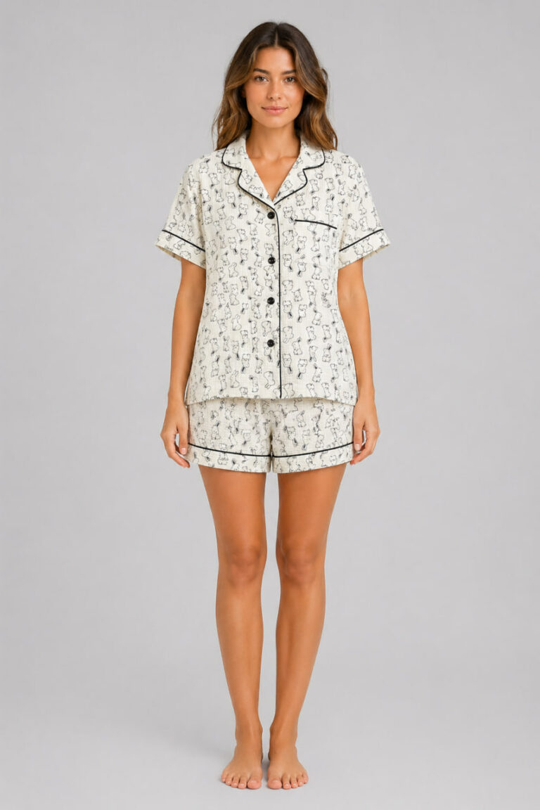 BOBRAND Women's Pajama Set in Ivory – Double-Layer Muslin, Animal Print “Little Rabbits” – Top and Shorts - image 2