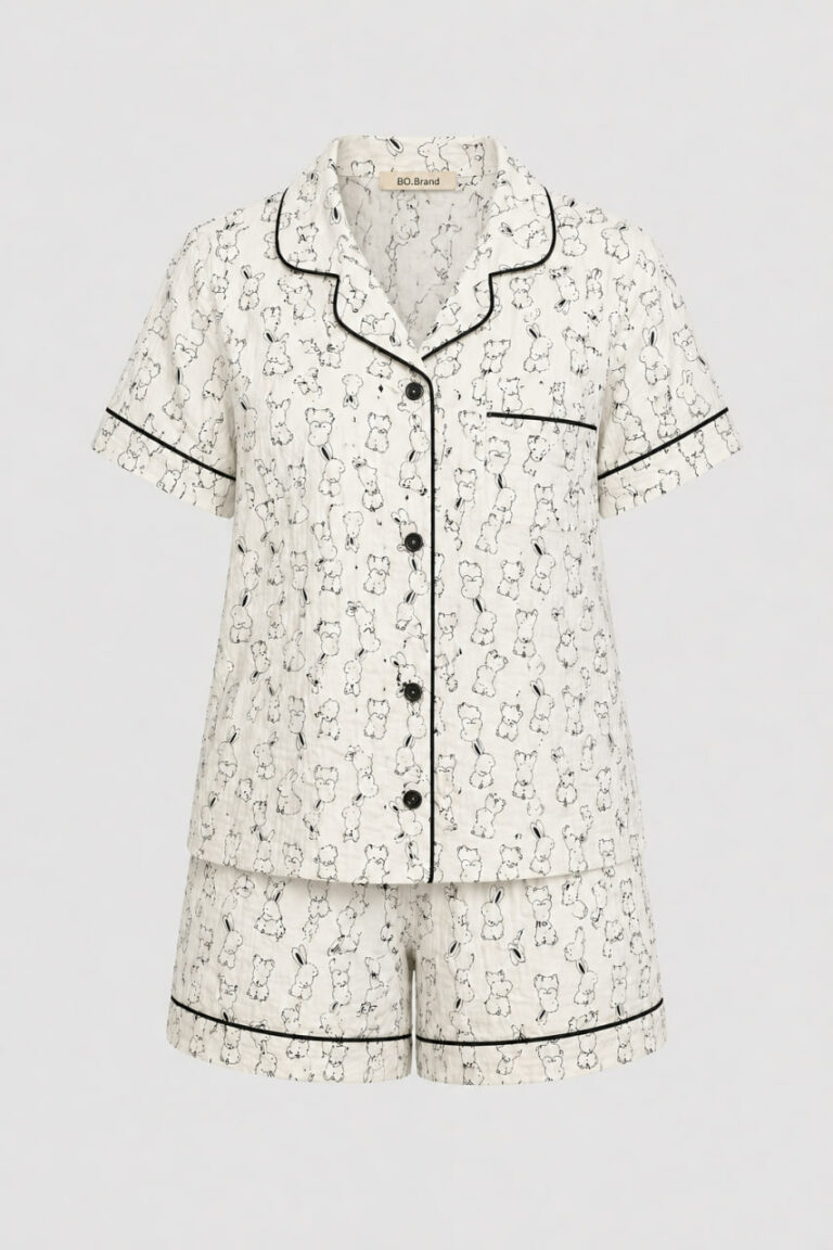 BOBRAND Women's Pajama Set in Ivory – Double-Layer Muslin, Animal Print “Little Rabbits” – Top and Shorts