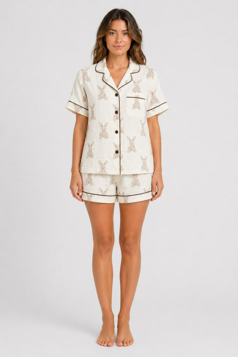 BOBRAND Women's Pajama Set in Ivory – Double-Layer Muslin, Animal Print “Big Rabbits” – Top and Shorts - image 2