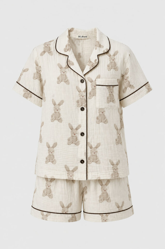BOBRAND Women's Pajama Set in Ivory – Double-Layer Muslin, Animal Print “Big Rabbits” – Top and Shorts