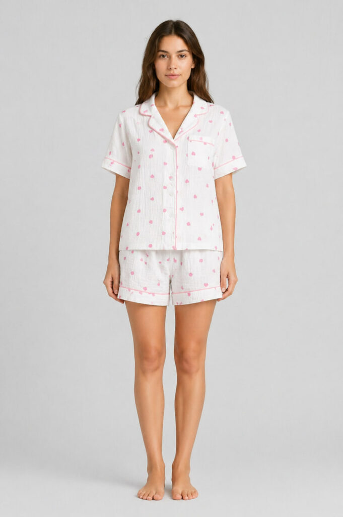 BOBRAND Women's Pajama Set in White – Double-Layer Muslin, Heart Print “Little Heart” – Top and Shorts - image 2