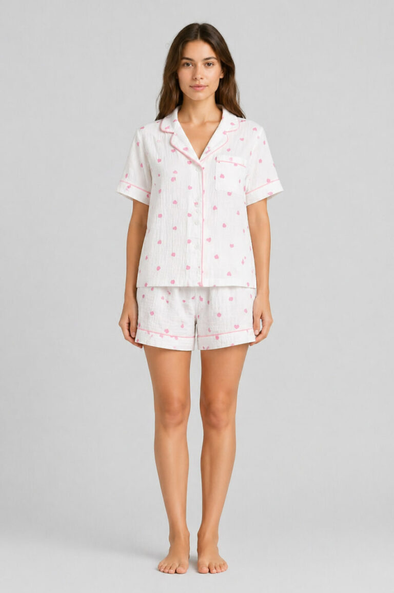 BOBRAND Women's Pajama Set in White – Double-Layer Muslin, Heart Print “Little Heart” – Top and Shorts - image 2