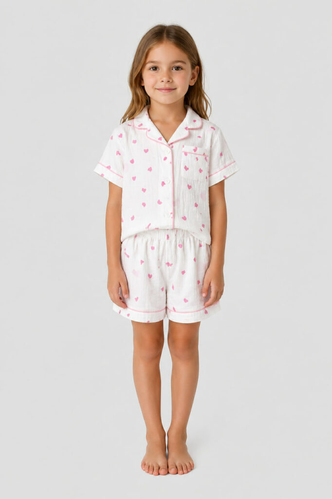 BOBRAND Kids' Pajama Set in White – Double-Layer Muslin, Heart Print “Little Heart” – Top and Shorts - image 2