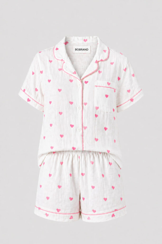 BOBRAND Women's Pajama Set in White – Double-Layer Muslin, Heart Print “Little Heart” – Top and Shorts
