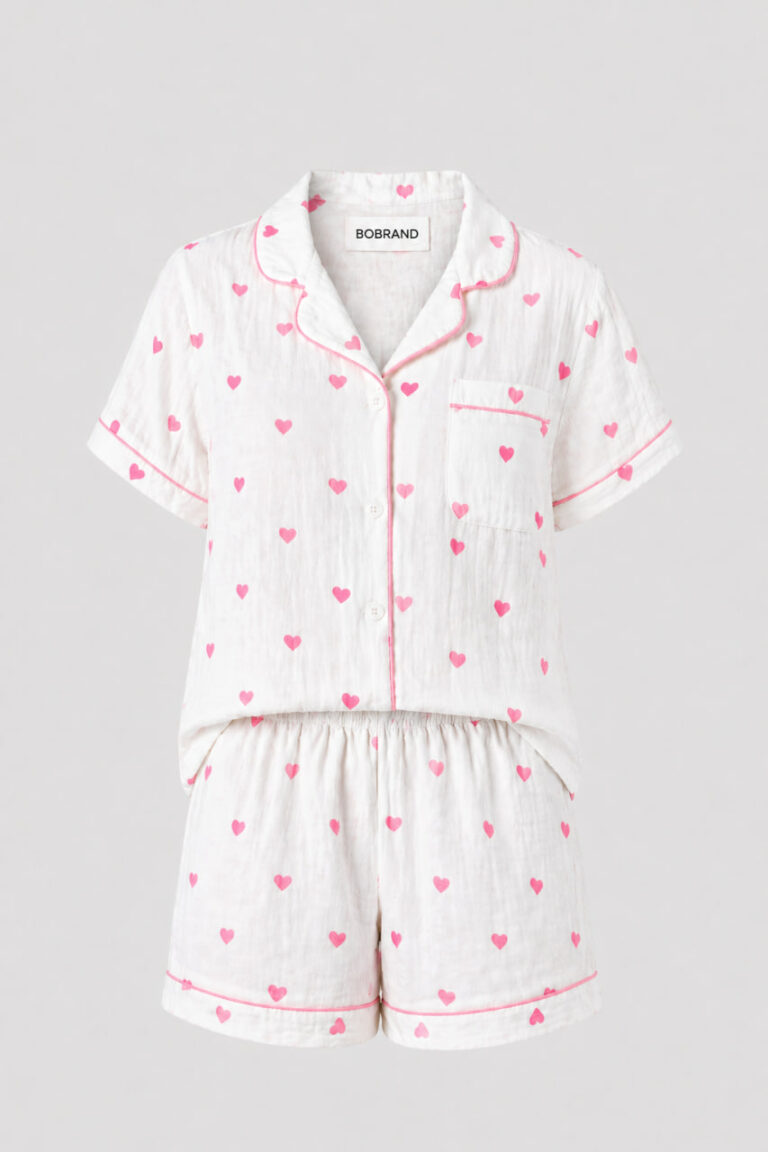 BOBRAND Women's Pajama Set in White – Double-Layer Muslin, Heart Print “Little Heart” – Top and Shorts
