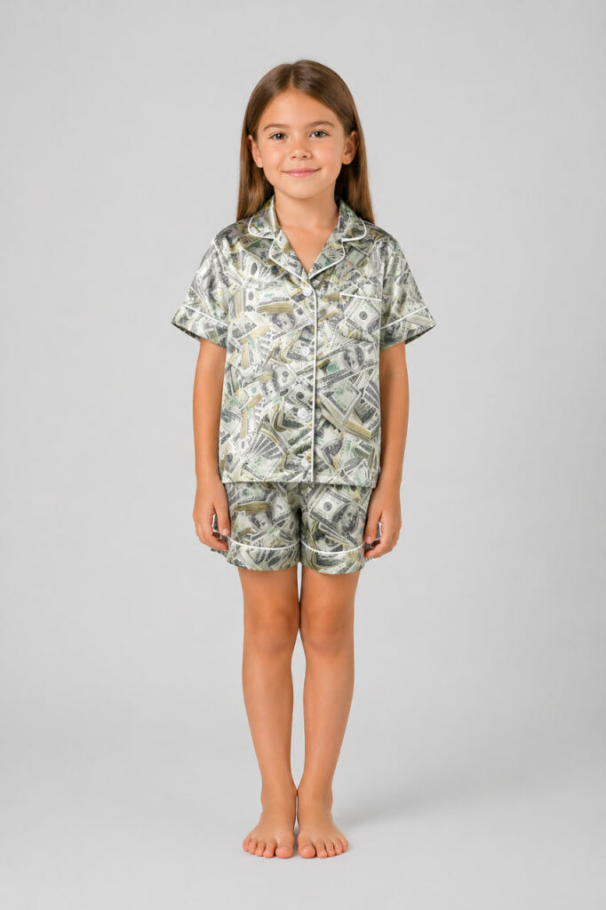 BOBRAND Kids' Pajama Set in Green – Viscose, Themed Print “Rich Girl” – Top and Shorts - image 2