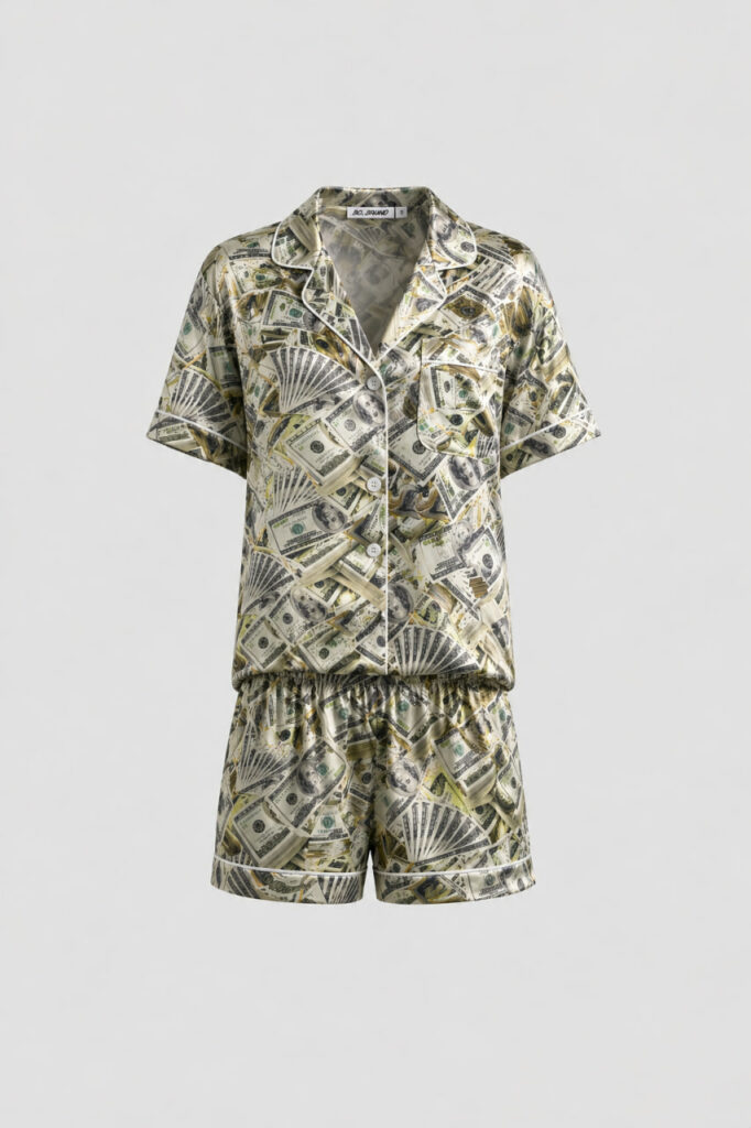 BOBRAND Kids' Pajama Set in Green – Viscose, Themed Print “Rich Girl” – Top and Shorts