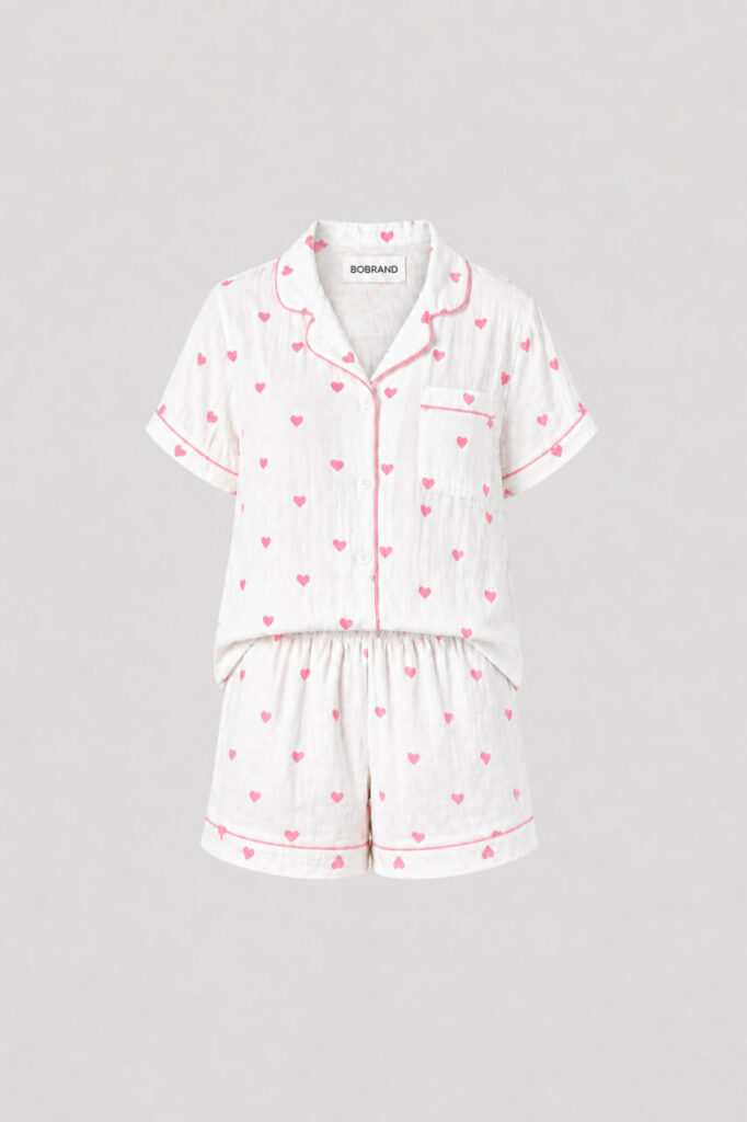 BOBRAND Kids' Pajama Set in White – Double-Layer Muslin, Heart Print “Little Heart” – Top and Shorts