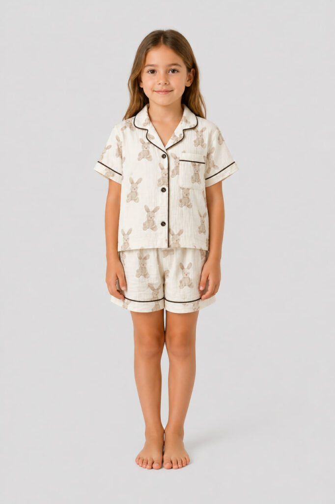 BOBRAND Kids' Pajama Set in Ivory – Double-Layer Muslin, Animal Print “Big Rabbits” – Top and Shorts - image 2