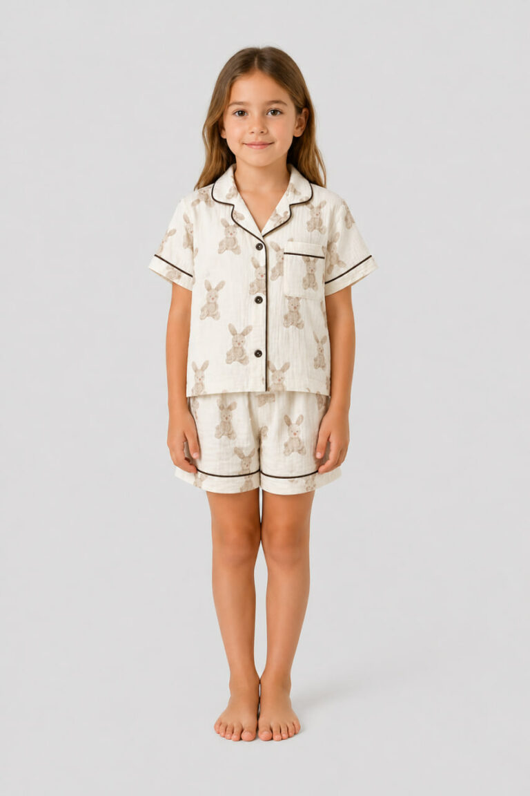 BOBRAND Kids' Pajama Set in Ivory – Double-Layer Muslin, Animal Print “Big Rabbits” – Top and Shorts - image 2