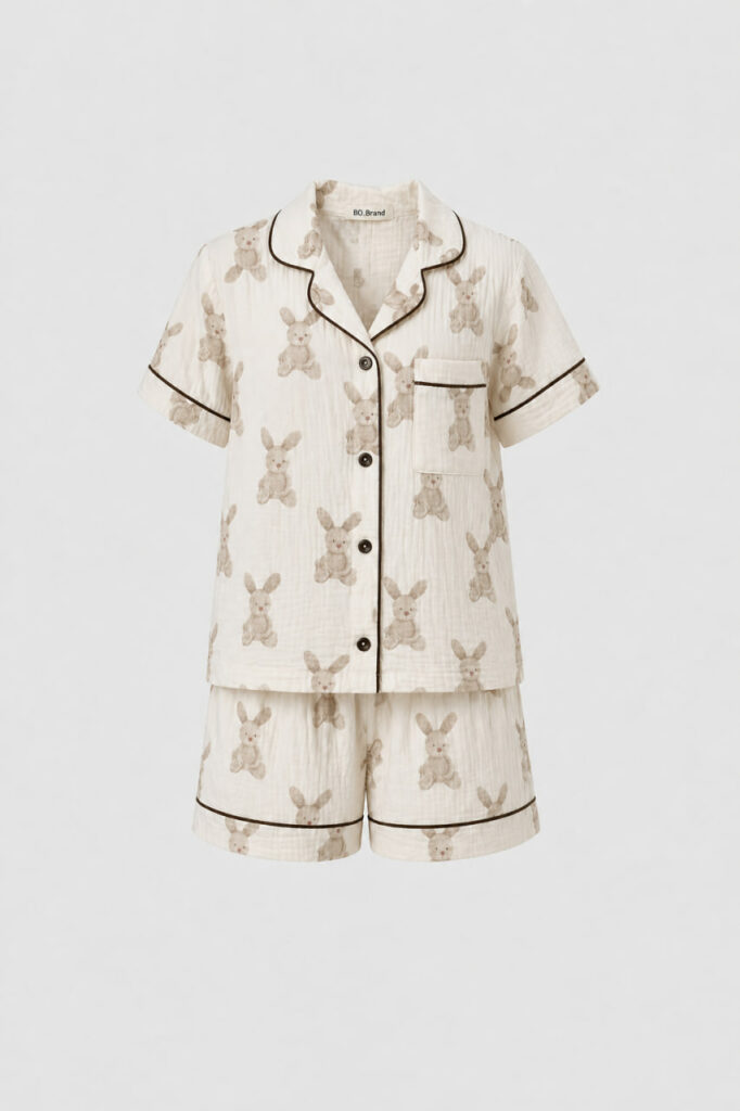 BOBRAND Kids' Pajama Set in Ivory – Double-Layer Muslin, Animal Print “Big Rabbits” – Top and Shorts