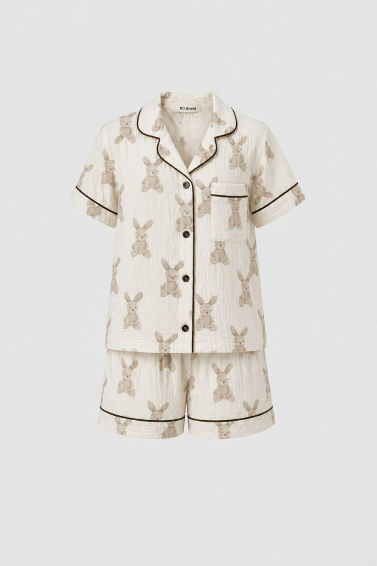 BOBRAND Kids' Pajama Set in Ivory – Double-Layer Muslin, Animal Print “Big Rabbits” – Top and Shorts