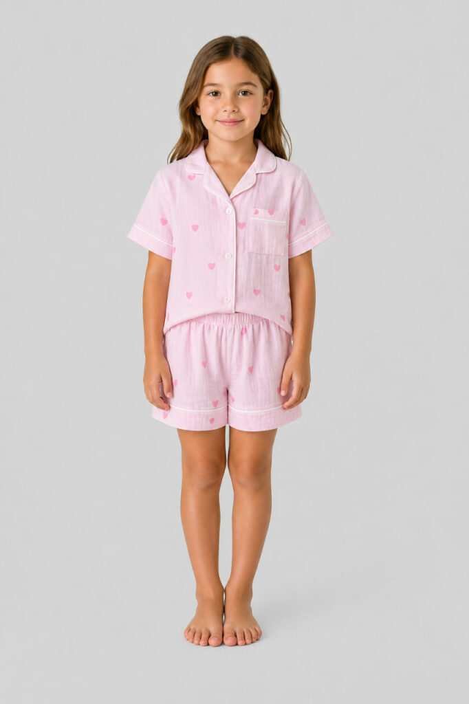 BOBRAND Kids' Pajama Set in Pink – Double-Layer Muslin, Heart Print “Sweet Hearts” – Top and Shorts - image 2