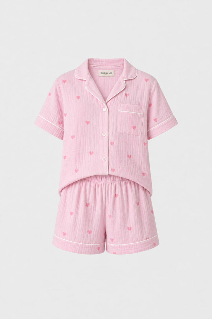 BOBRAND Kids' Pajama Set in Pink – Double-Layer Muslin, Heart Print “Sweet Hearts” – Top and Shorts